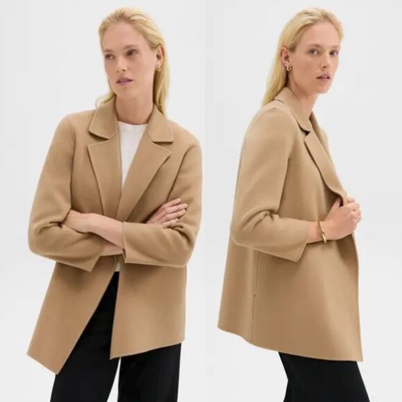 THEORY Wool & Cashmere Clairene New Divide Coat Cardigan CamelBrown Size L - Picture 1 of 11
